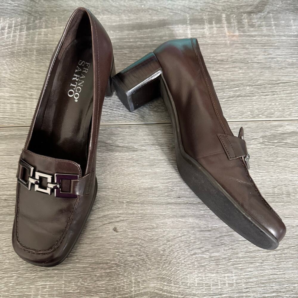 Franco Sarto Women’s Size 7.5 M Brown Leather Loafer Pumps Block Heel Square Toe